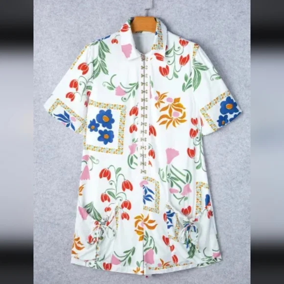 White Floral Print Split Neck Pocketed Shirt Collar Romper - Picture 6 of 7